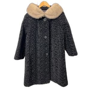 Astrakin French Vintage Black Persian Lamb Coat Mink Fur Collar